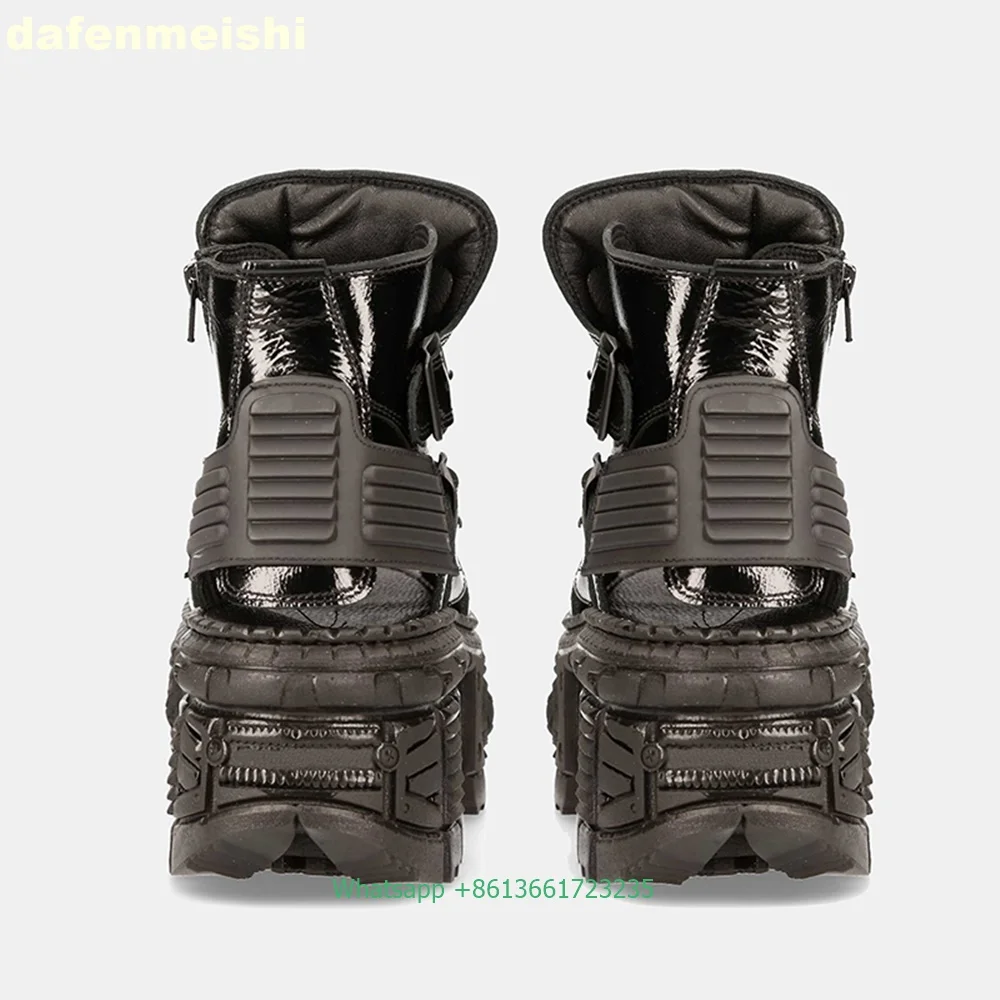 Thick-Soled Rock Motorcycle Sandals Boots Women/men Metal Buckle Hollow Rivet Platform Patent Leather Gladiator Sandals Boots