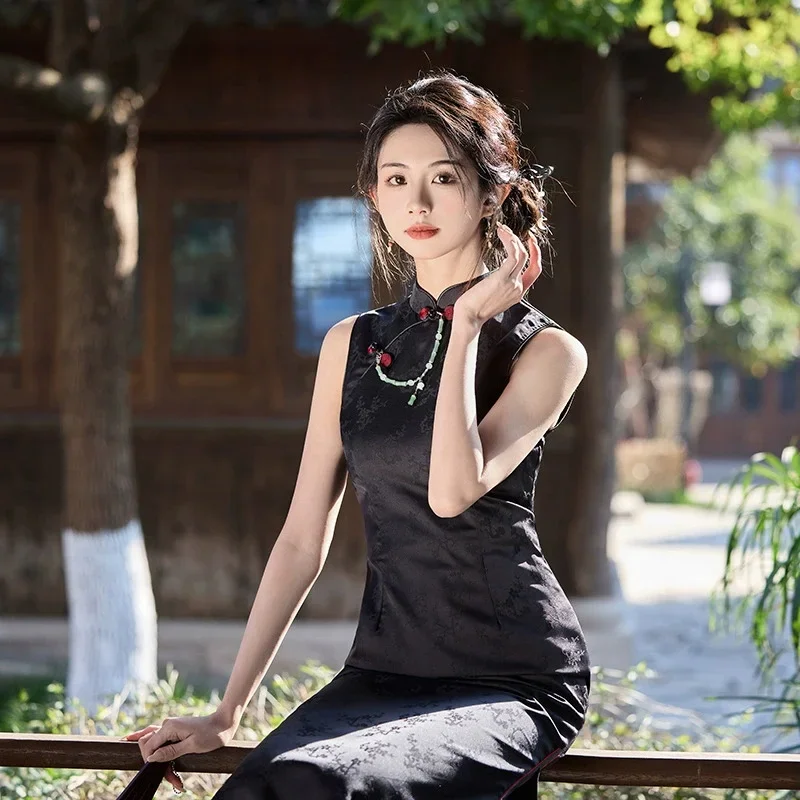 

Весна/Лето 2022, новое черное платье Cheongsam с принтом, длинное стильное улучшенное двухслойное платье без рукавов для девочек Qipao