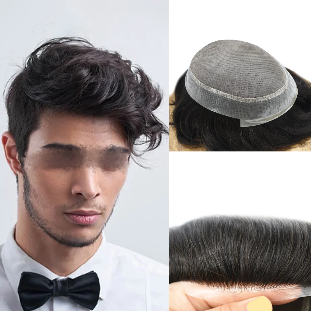 

Fine Mono Mens Toupee Clear Poly Remy Hair System All Hand Tied Light Medium Density Black Hair Transparent Replacement wig Ts-1