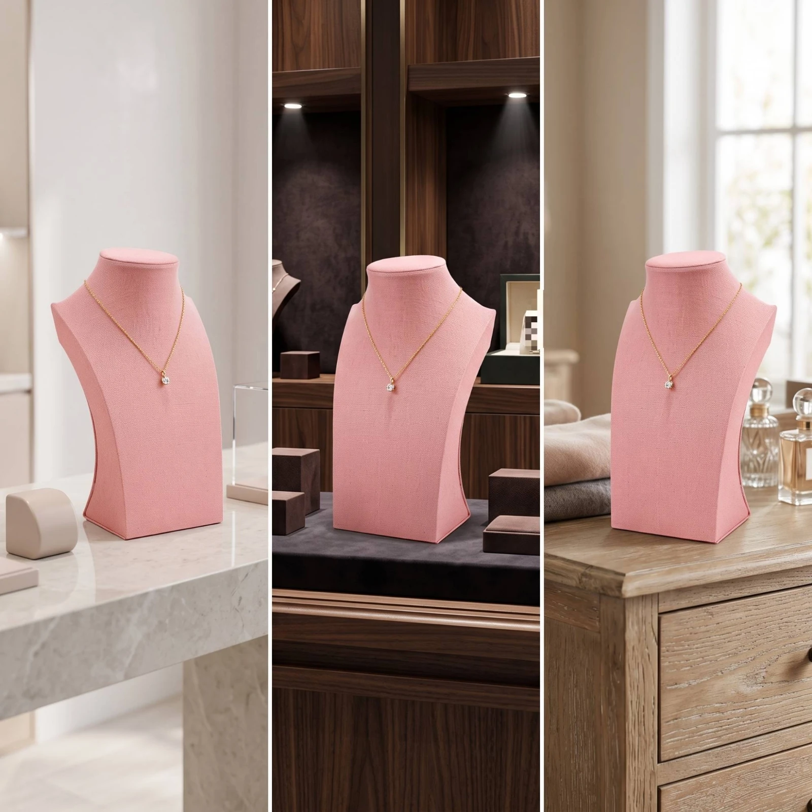 Necklace Bust Display Stand Linen-Covered Jewelry Display Bust Mannequin-Style Minimalist for Jewelers, Retail Showcase, Vanity