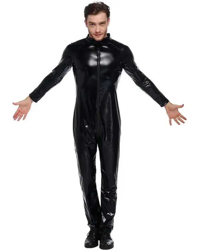 Plus S-XXXL Strong Men Black PVC Leather Latex Bodysuit Top PU Sexy Zentai Catsuit Gay Male Leotard Open Crotch Zipper Jumpsuit