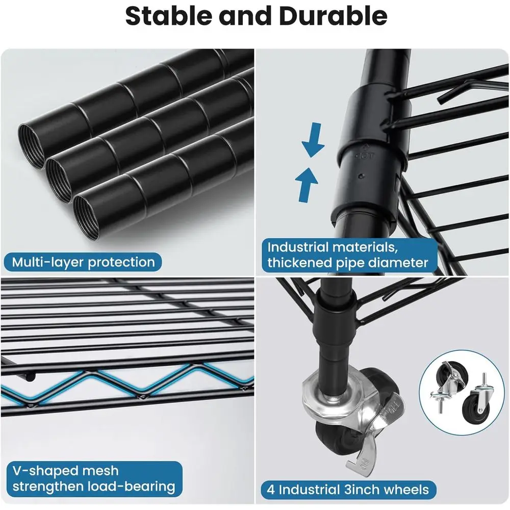 頑丈な5段調節可能なメタルワイヤーシェルフユニット（キャスター付き）、14D x 36W x 75H、耐荷重1750ポンド、ガレージやキッチン収納に最適