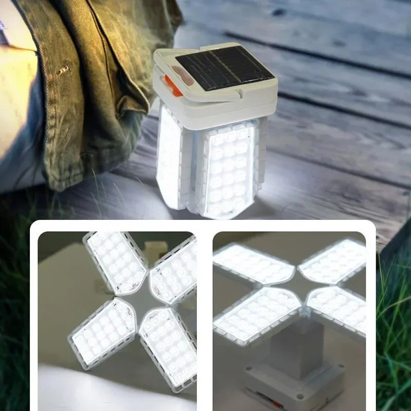 Solar Folding Camping Lantern USB Recarregável Outdoor Emergency Lamp Portable Work Light, Pendurado Tent Bulb para Pesca 3 Modos