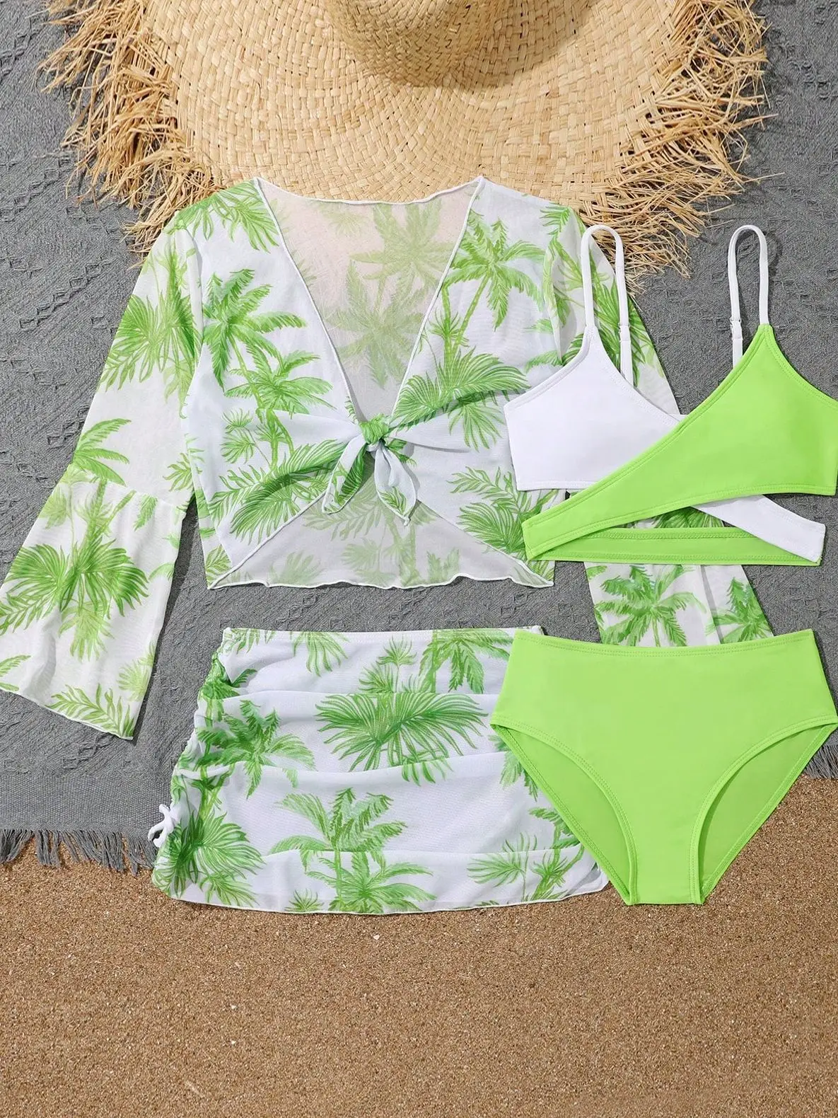 Girls 4pack Coconut Palm Print Bikini Sets with Beach Skirt&Long Sleeve Crop Top Kids Swimsuit 7-12 Years Children\'s Swimwear