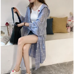 Summer Hooded Plaid Thin Sunscreen Long Shirt Women 2024 Autumn Casual Loose Long Shirt Long Sleeve Blouse Oversized Tops Blusas