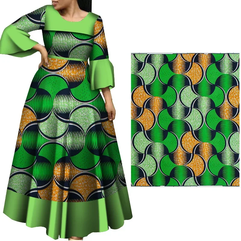 6 Yards/lot African Fabric Printed Green Polyester Material for Handwoking Sewing Women Dress Cloth Earring Dresses