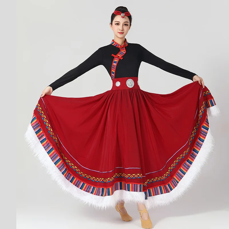 Square Dance Costume New Set Women's Classical Ethnic Style Art Exam Practice Big Swing Long Skirt Tibetan Dance Performance Cos