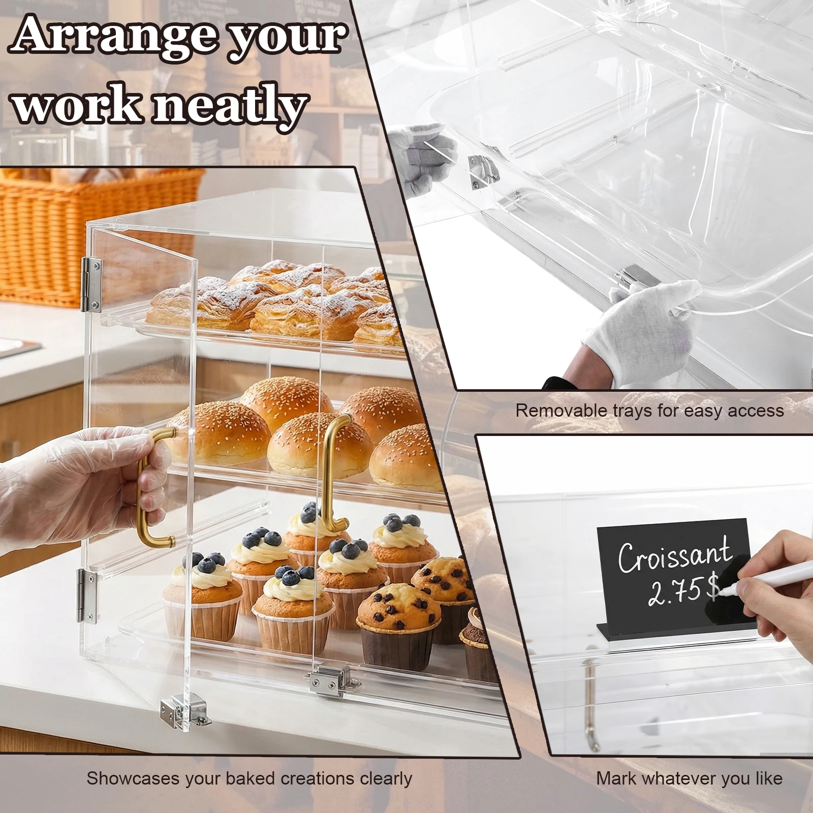 

3-Tier Countertop Bakery Showcase with Bread Tong with Rear Door Access & Removable Shelves for Pastry Desserts Food Cookie