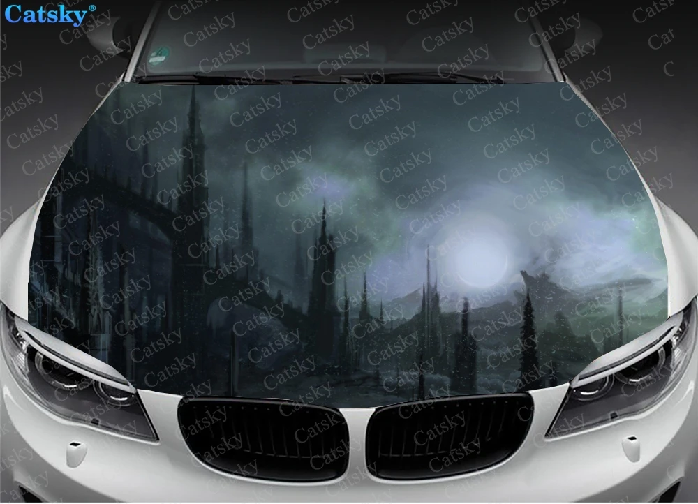 Winter Snowy Forest at Night Car Hood Vinyl Sticker Wrap Engine Cover Decal Full Color Graphic Auto Accessories Protective Film