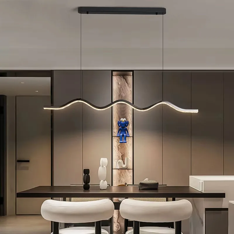 Wave design modern led chandelier for dining room brief kitchen island hanging light fixture home decor black acrylic lamp