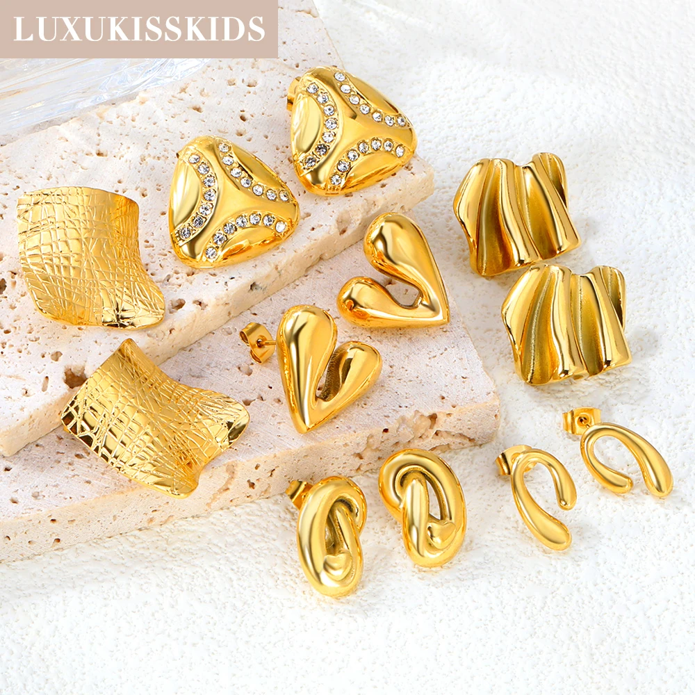 LUXUKISSKIDS Romantic Geometric Big Stud Earrings for Women Stainless Steel Texture Gold Color Waterproof Charms Wedding Party