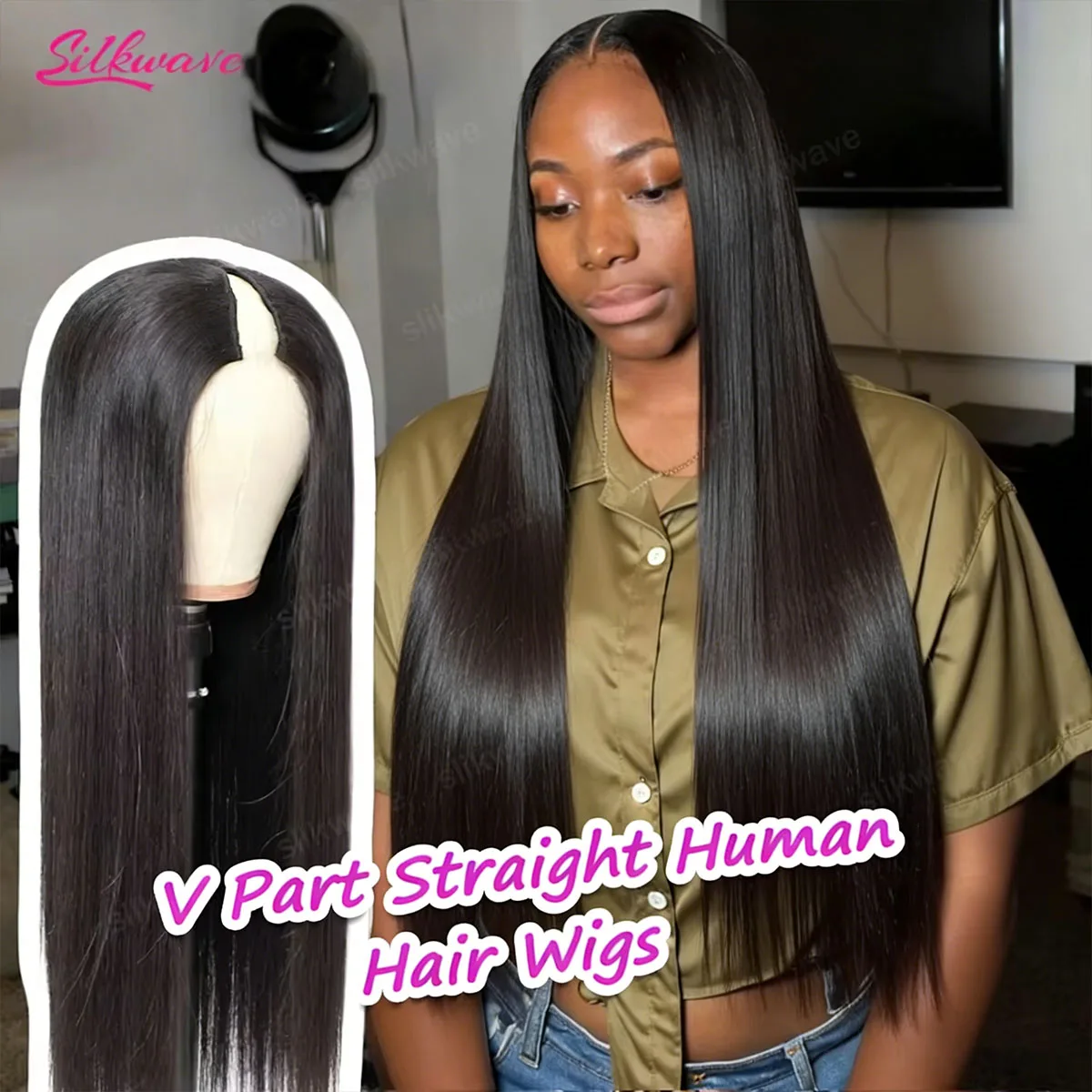 

30-дюймовые прямые парики с V-образным вырезом из натуральных человеческих волос, готовые к носке, без клея, черные, бразильские, 200% плотность, без кружевной основы, для женщин