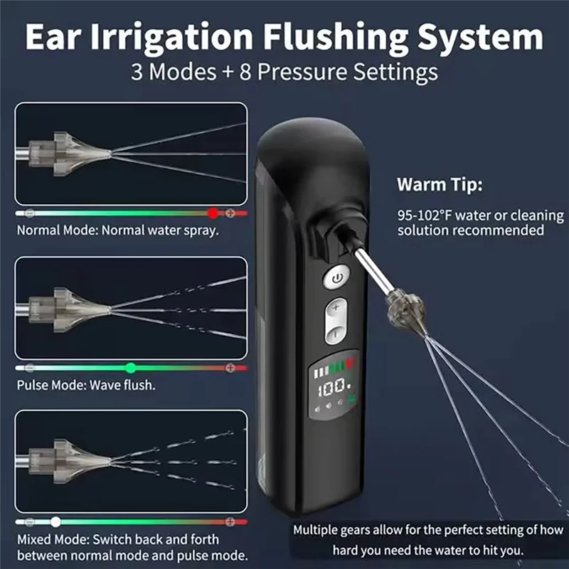 

CTHO-Набор для удаления ушной серы Умный очиститель ушей Электрический очиститель ушей с ЖК-дисплеем и резервуаром для воды на 250 мл