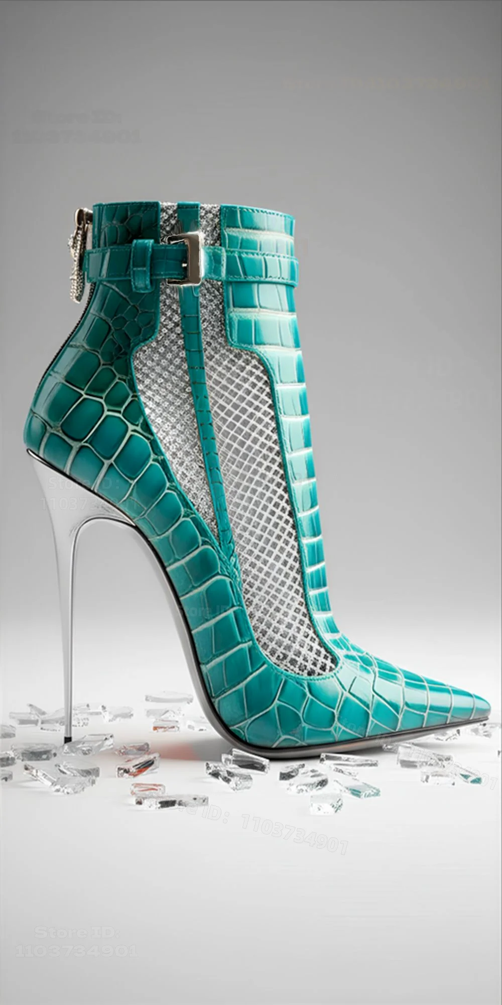Crocodile Pattern Mesh Pointed Toe Boots Women 12CM High Heels Buckle Ankle Strap Short Boots Ladies Sexy Luxury Streetwear