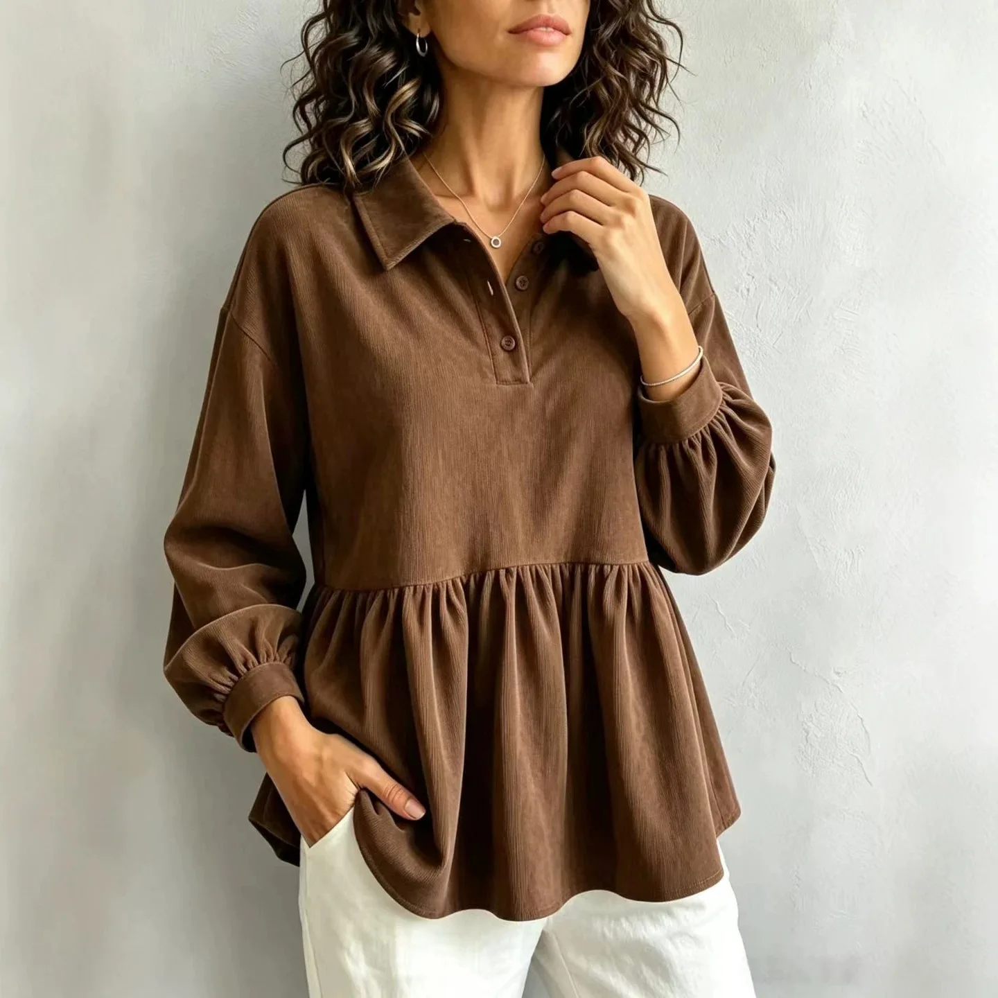 Retro Fine Flannel Shirt, New Autumn Loose Leisure Style with Ruffled Hem and Notch Lapel Women's Shirt