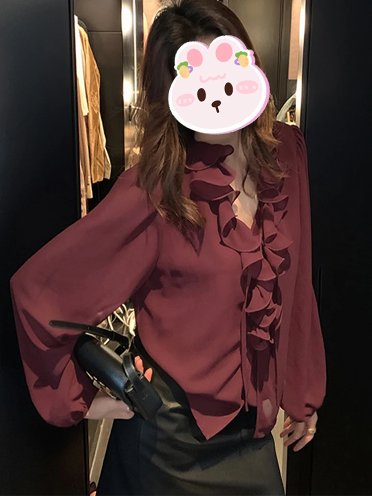 

Ele V-ne Blouse Women's Faion Sensation irt Floral Design Casual Long Sve French Sle Loose Fit irt