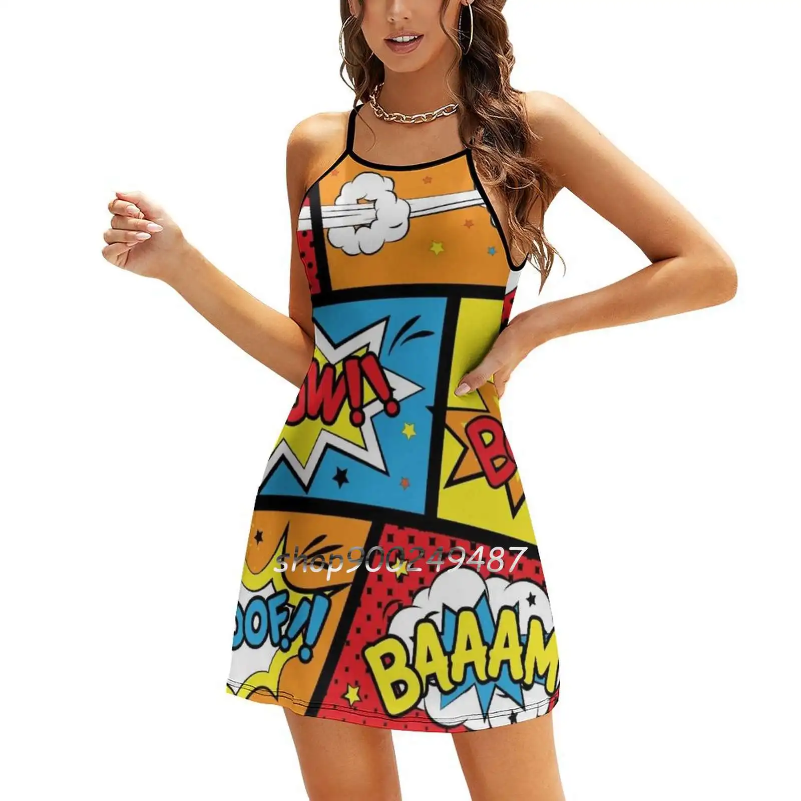 Comic Pop Art Explosions Bomb Evening Party Dresses Midi Sexy Dress Female Sweet One Piece Dress Korean Retro Comic Boom Bomb
