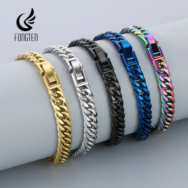 

Fongten 21cm Curb Charm Bracelets For Men Women Stainless Steel Cuban Chain Bracelets Bangle Hip Hop Multiple Color Jewelry