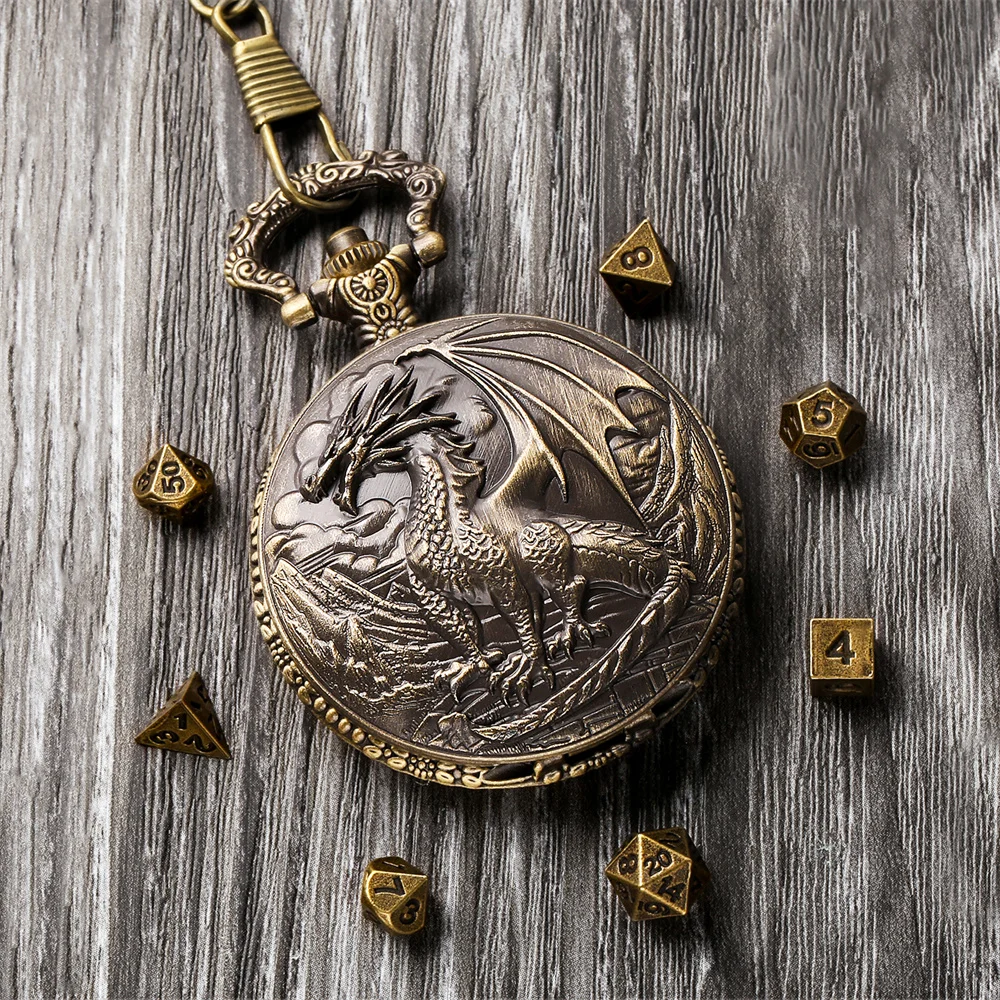 Vintage Metal Dragon Pocket Watch Case Dice Sets Retro Gift for Game Dices Lovers Fob Chain Pendant Pocket Clock Case Mini Dices view 6
