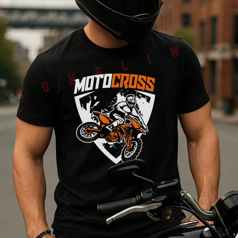 

Motocross Pattern Print Men's Cotton T-shirt Summer Short Sleeved Casual Round Neck Unisex Tops