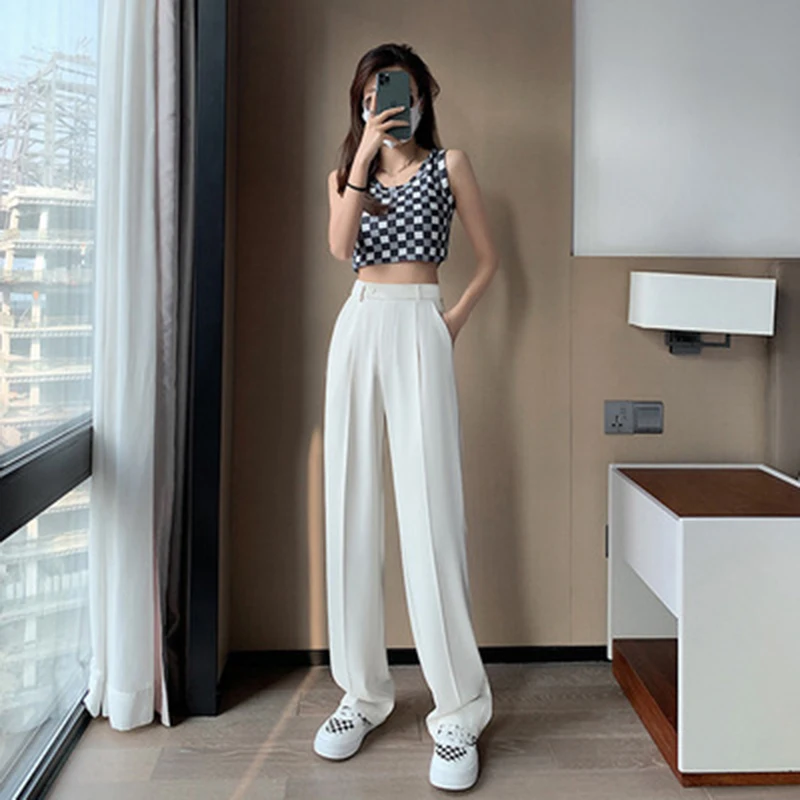 Women Straight Loose Pants Fall winter Drape High-waisted Wide-leg Pants Women green Thin All-match Casual Trousers