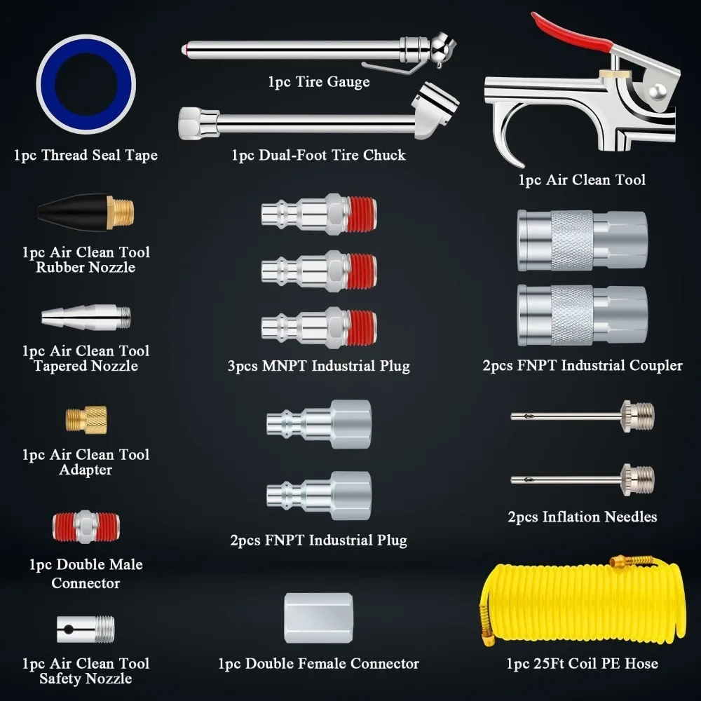 20PCS Air Blow Gun Kit Air Compressor Accessory Set with Spiral Hose Tire Gauge Nozzle Adapters for Automotive Cleaning