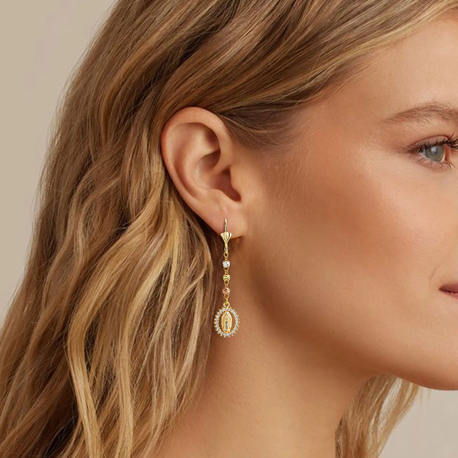 

Virgin Mary Cubic Zirconia Dangle Earrings Women, Gold Plated Long Drop Earring, Religious Virgen De Guadalupe Jewelry