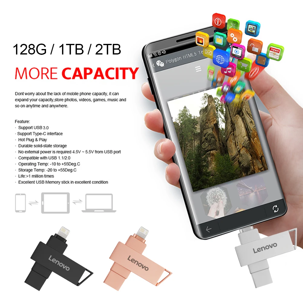 Lenovo 2 ТБ USB-накопитель 2 в 1 Lightning Pen Drive 1 ТБ для iphone ipad Android OTG Pendrive Memory Stick для ноутбука ps4