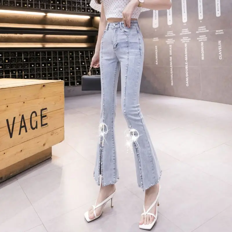 Womens Jeans Pipe with Rhinestones Skinny Cropped Pants for Women Slim Fit Lace Slits and Capris Bell Bottom Flare Trousers Emo