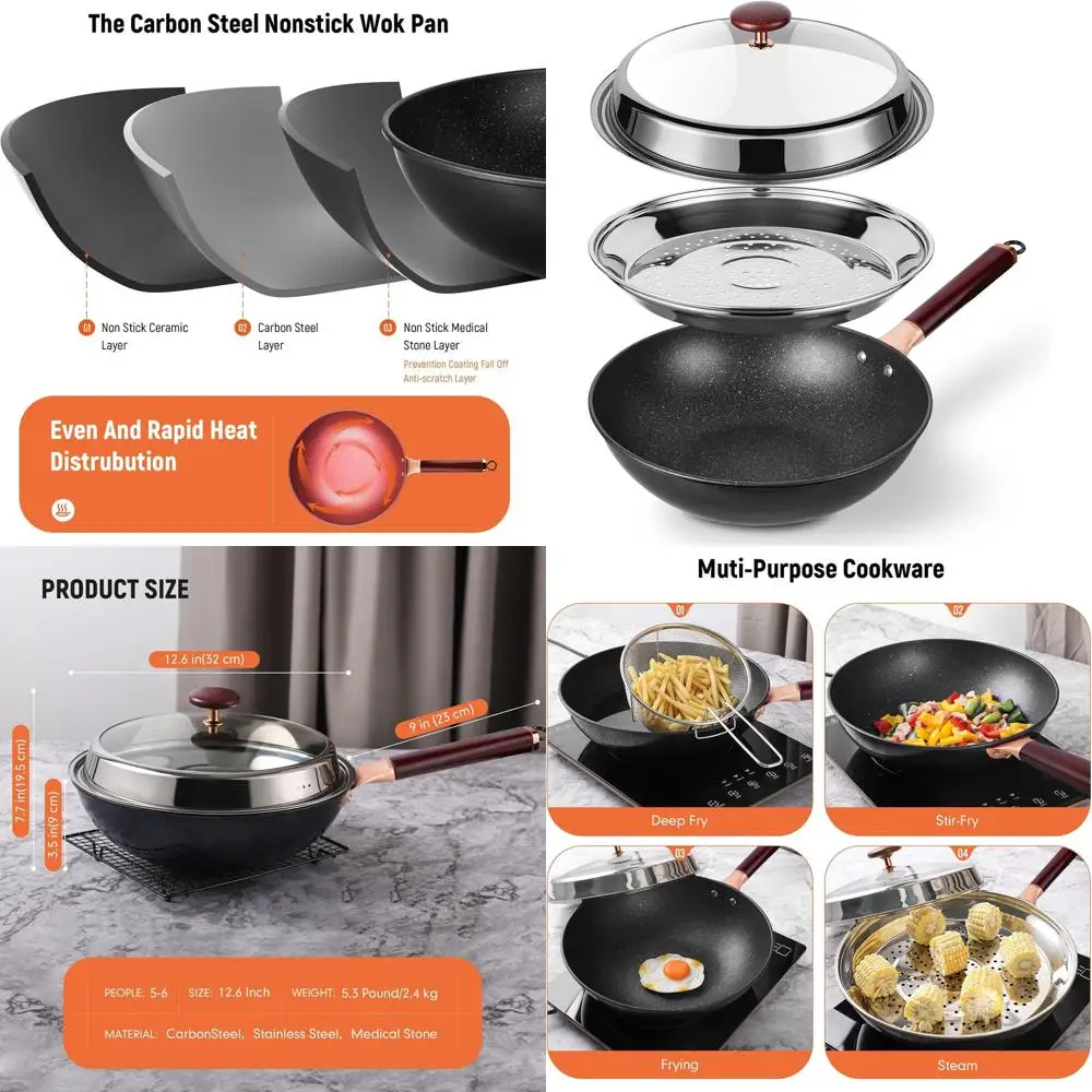

Nonstick Ceramic Wok with Lid, 12.5 Deep Induction-Safe Frying Pan, Large Steamer, Carbon Steel Wok Set, Flat Bottom Saute Pan
