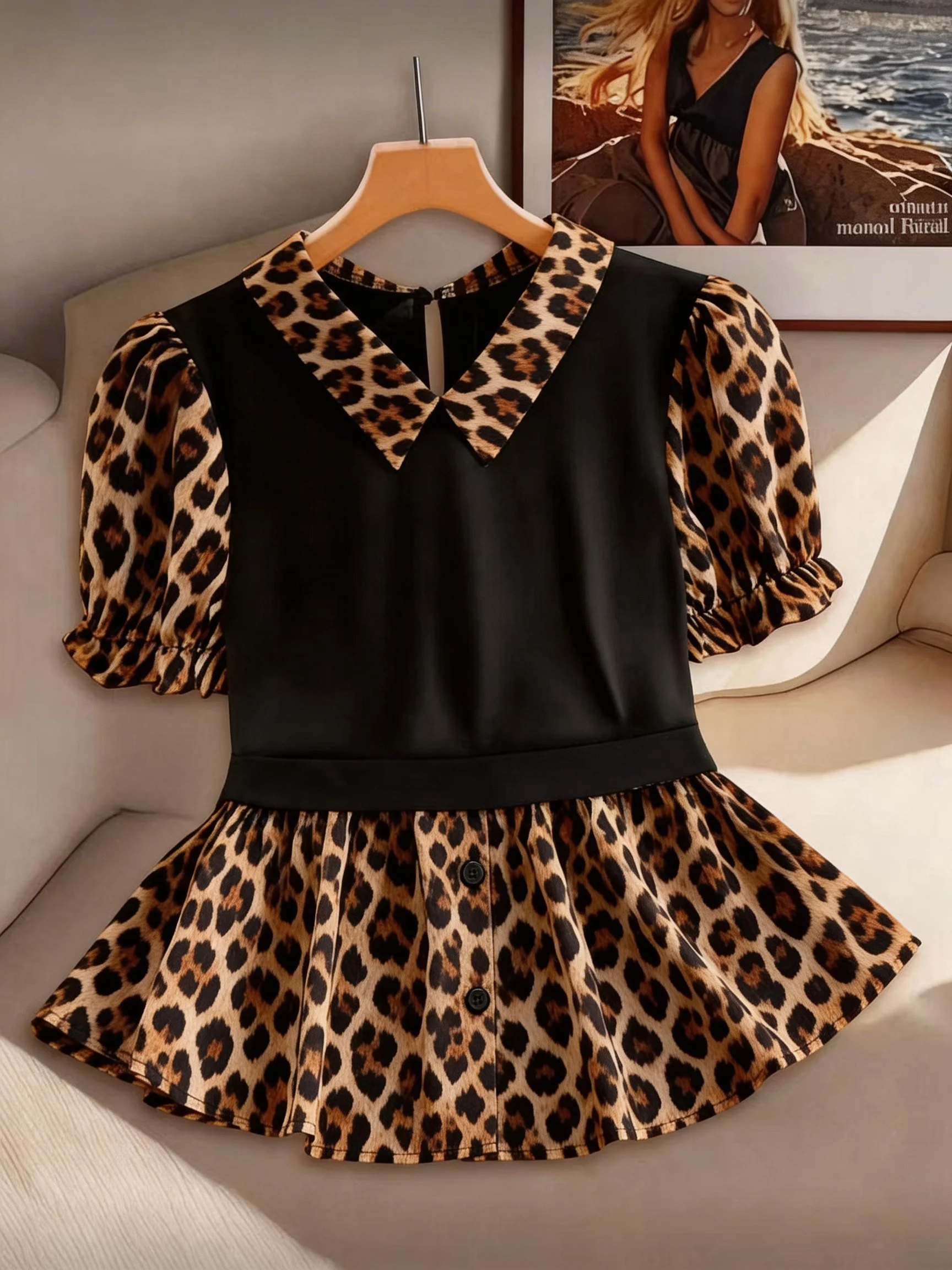 

Women's Plus Size Leopard Patchwork Short Sleeve Lapel Shirt, Fashionable Casual Blouse, New Arrival Clothing For Women