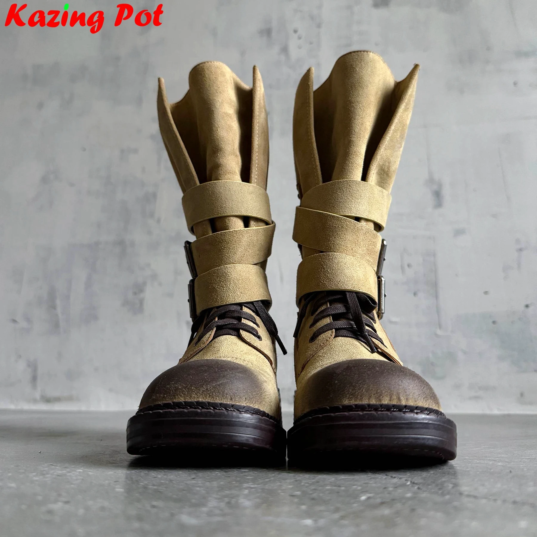 

Krazing Pot Cow Skin Round Toe Med Heels Retro Belt Buckle Modern Western Boots Warm Winter Shoes Climbing Luxury Mid-calf Boots