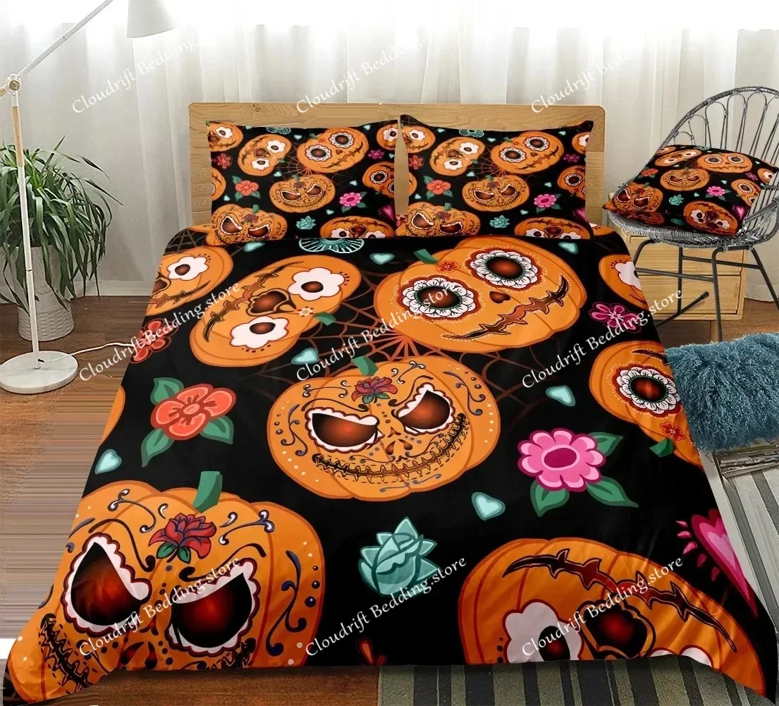 

Happy Halloween King Queen Duvet Cover Orange Pumpkin Bedding Set Boys Teens Adults Bats Horror Festival Polyester Quilt Cover