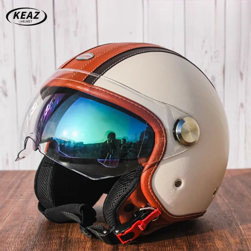 KEAZ Newest Retro Helmet Autumn Winter Cruise Motorcycle Half Helmet Men Women Electric Vehicle Thermal Helmets Long Visor