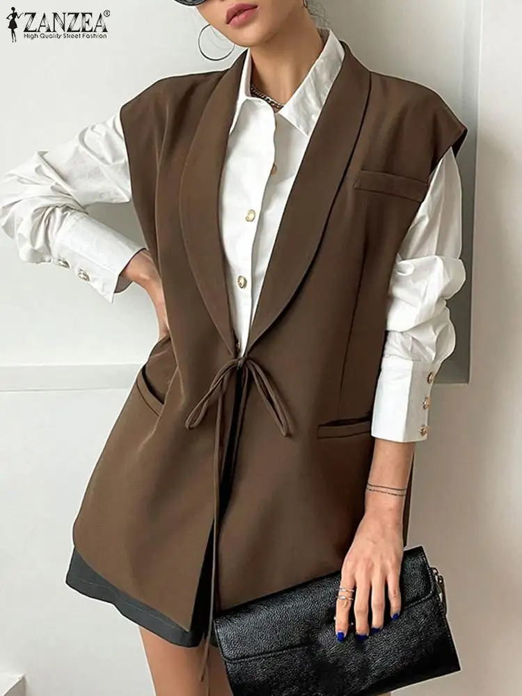 ZANZEA gilet senza maniche da donna gilet con colletto con risvolto alla moda elegante Blazer con lacci giacche da serbatoio in stile coreano