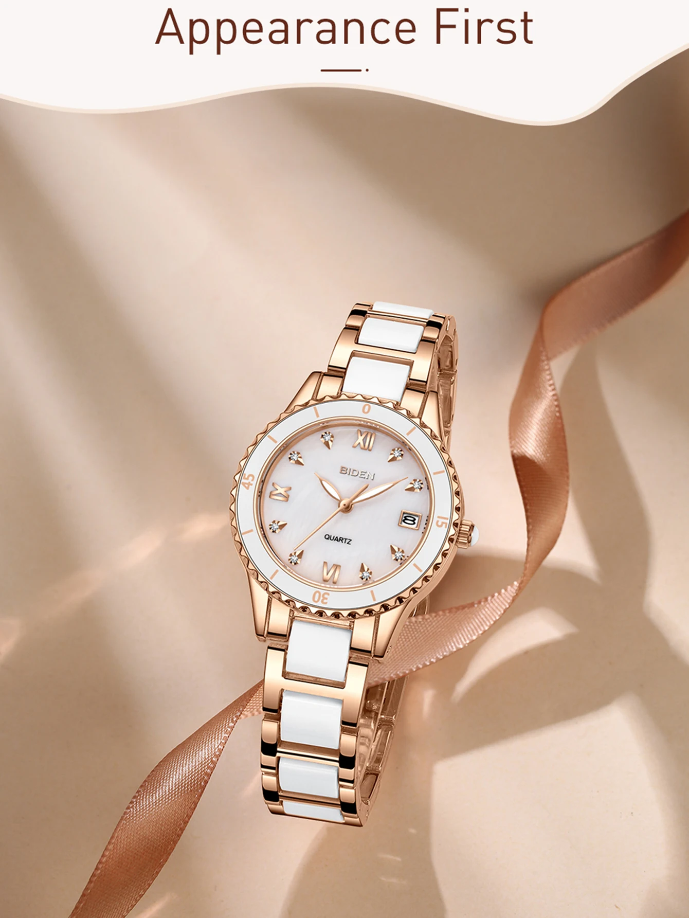 BIDEN Ladies' Watch Anti Ceramic Strap Ladies' Watch Luxury Diamond Inlaid Luminous Pointer Calendar Original Quartz Watch