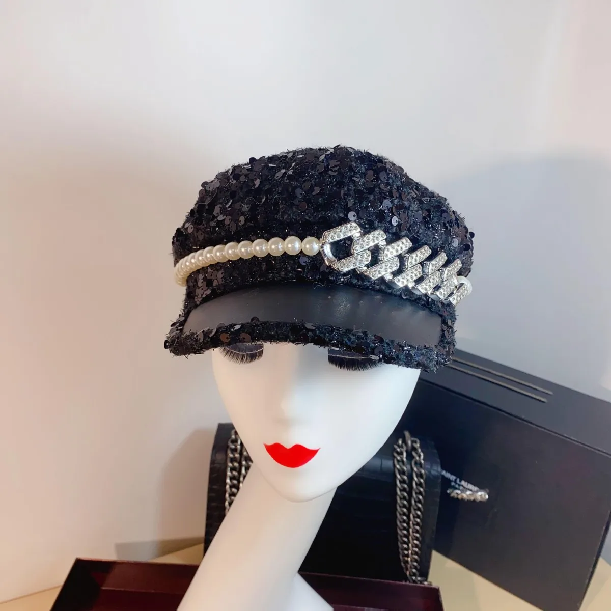 Autumn and winter small fragrant style spliced baseball cap new product coarse woolen sequin pearl chain military cap for women image 6