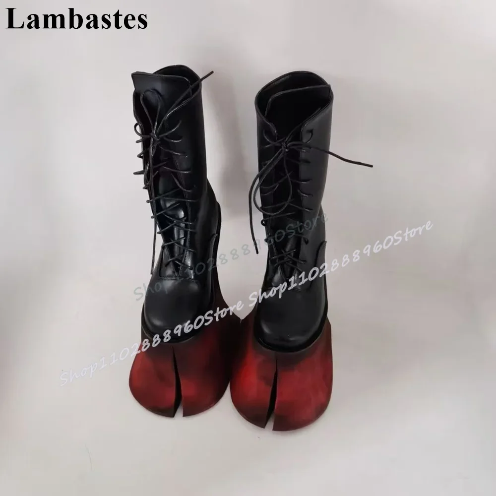 

Mid Calf Black Cross Tied Hippocrepiform Boots Strange Style Heel Women Shoes Round Toe Occidental Style Catwalk Women Boots