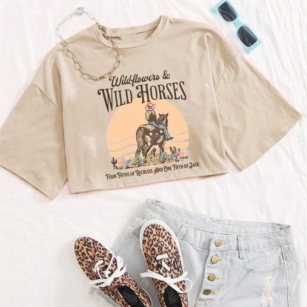 Lainey Wilson Wildflowers And Wild Horses Shirt Women O-Neck Short Sleeves Crop Tops T-shirt Fans Gift Tops