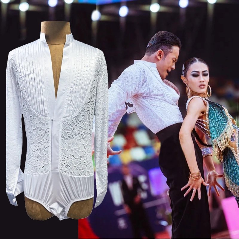 Men Latin Dance Tops Long Sleeves Embroidered Lace Bodysuit Cha Cha Ballroom Dance Competition Clothing Show Costume DNV21162