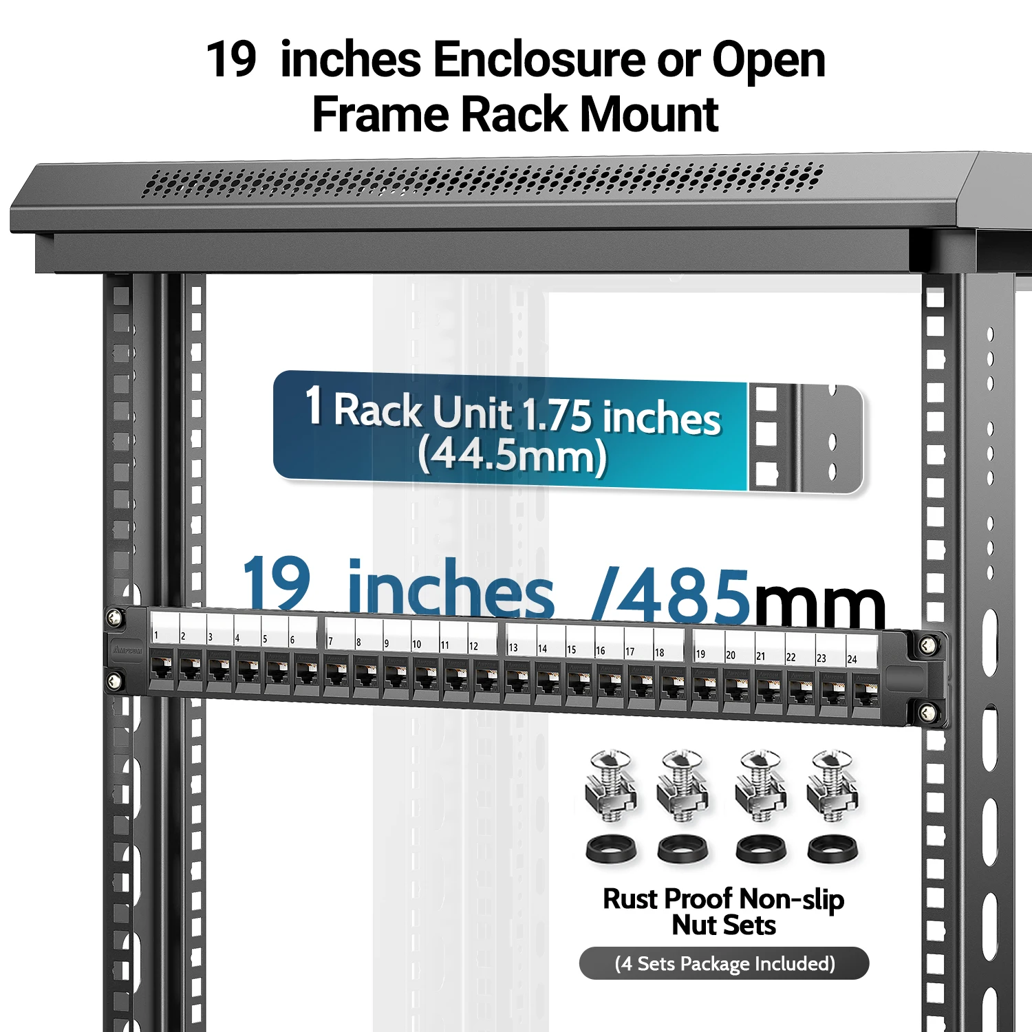 AMPCOM 1U 24-poorts Keystone-patchpaneel, UTP/STP rackgemonteerd met achterkabelbeheersbalk, UTP CAT6/CAT6A Keystone-aansluiting