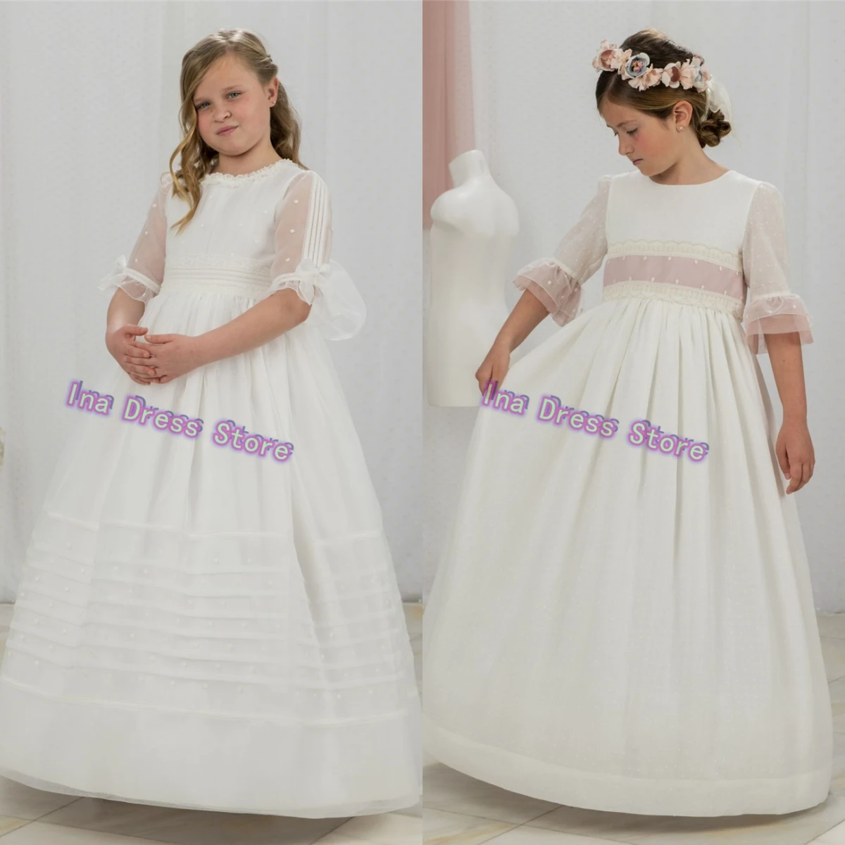 White Idyllic First Communion Gown Elegant Flower Girl Dress Princess Beauty Pageant Wedding Kids Birthday Customised Dresses