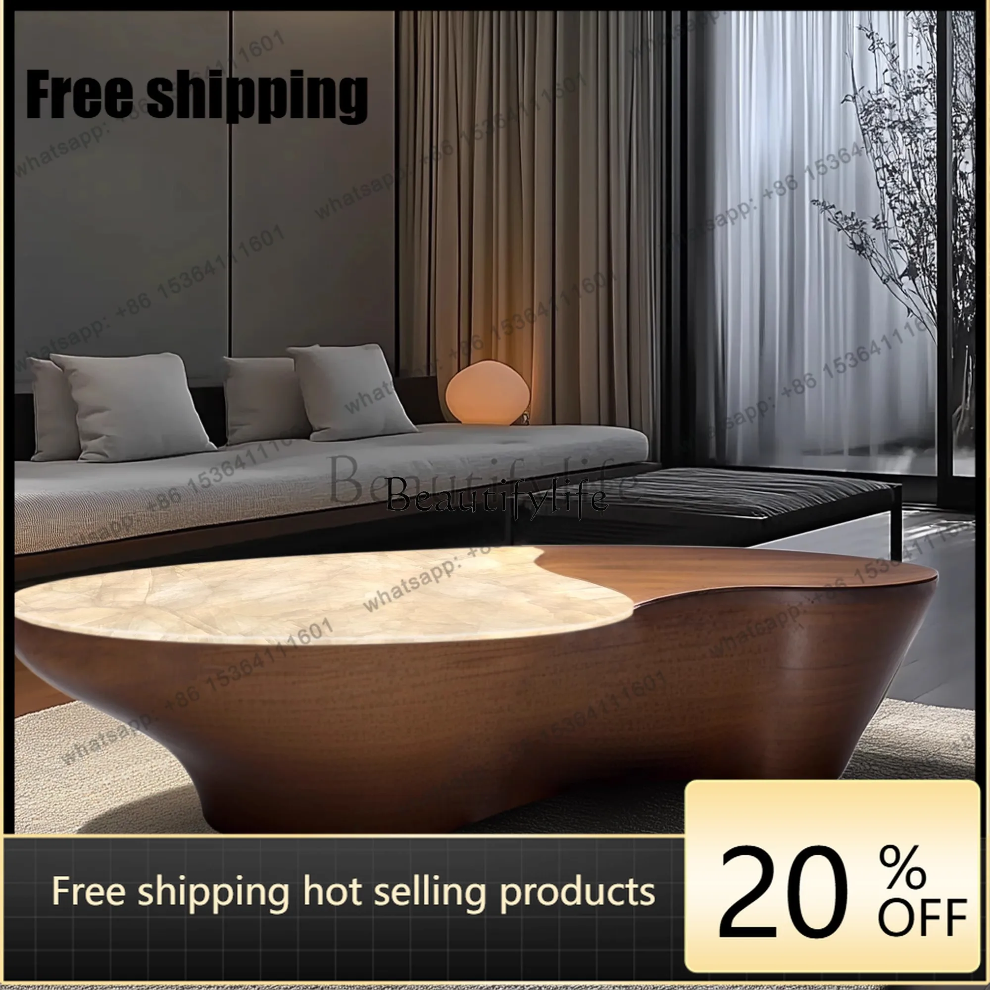 JJ *Luminous jade coffee table natural light luxury high-end modern simple living room square Nordic black walnut solid wood cof