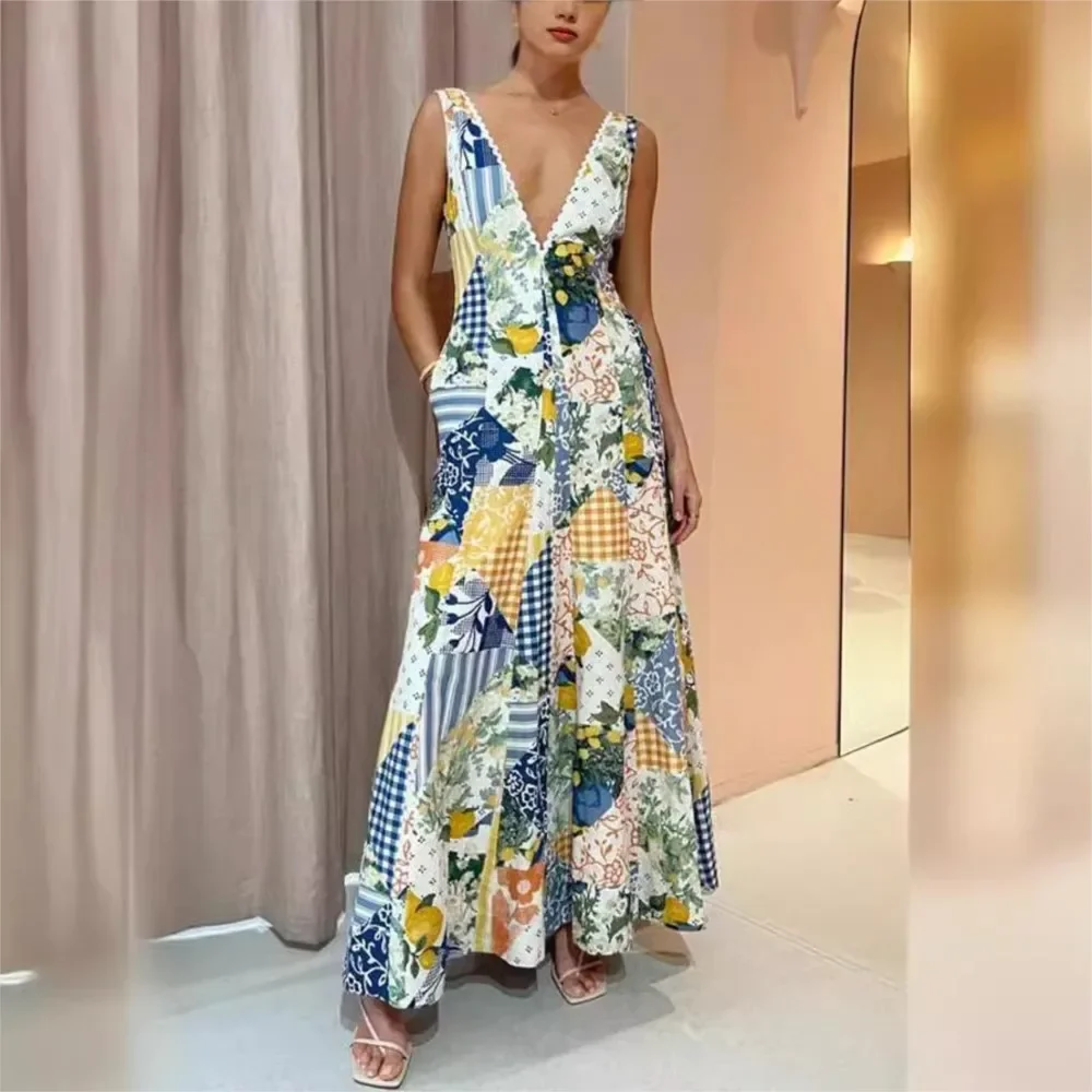 Cpsymym moda sexy profundo decote em v praia férias vestido de verão feminino impressão bolso sem mangas magro elegante feminino escritório dresse