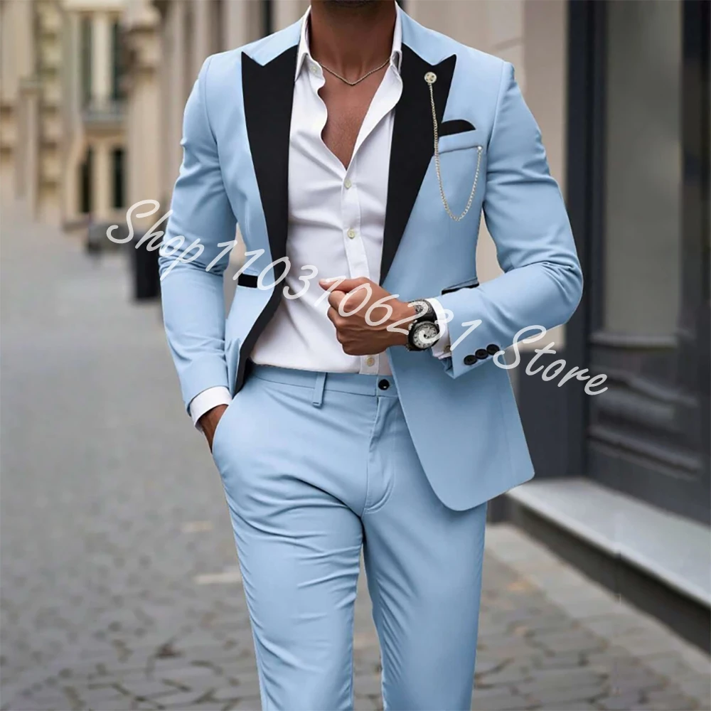 

New Sky Blue Men Suits 2 Piece Jacket Pants Single Breasted Peak Lapel Formal Wedding Suits High Quality Costume Homme Mariage