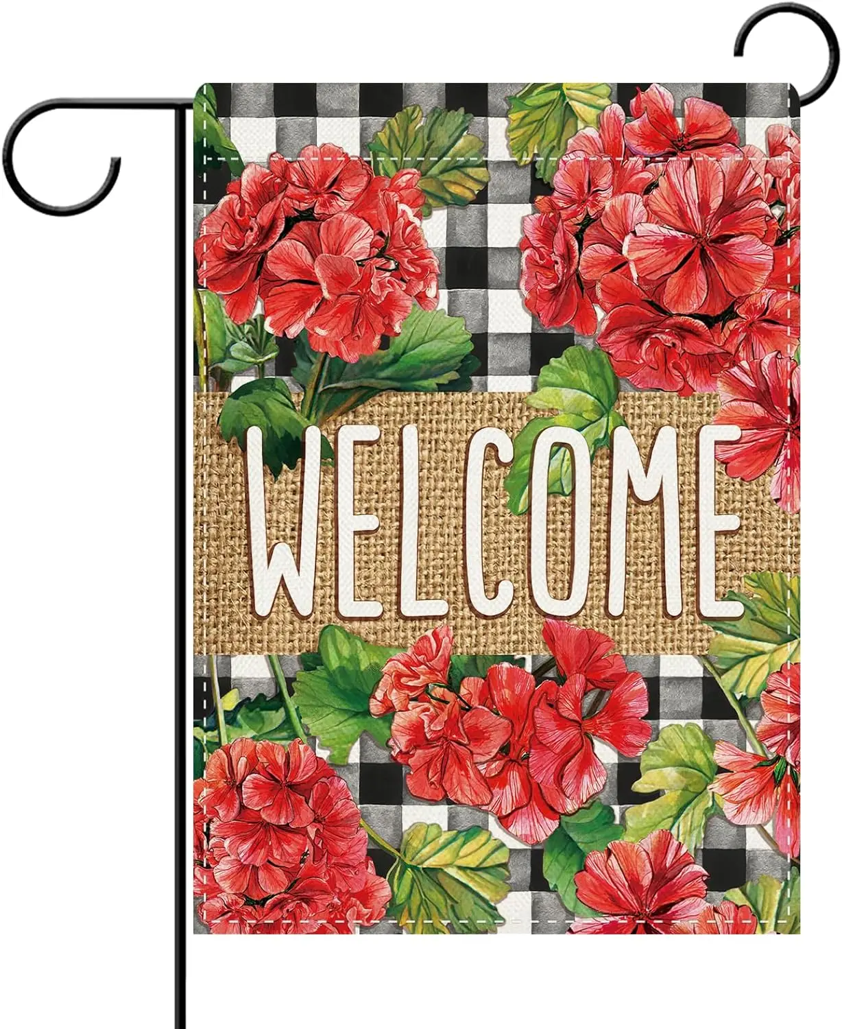 Dyrenson Welcome Spring Summer Geranium Flower Decorative Garden Flag, Red Floral Buffalo Plaid Yard Outside Home Decoration AAS