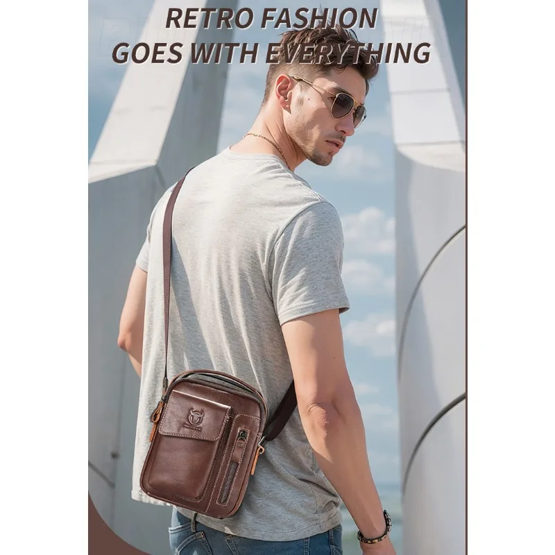 BullCaptain Brand Cow Genuine Leather Men\'s Cowhide Crossbody Bag Soft Vertical Mobile Phone Men\'s Shoulder Bag
