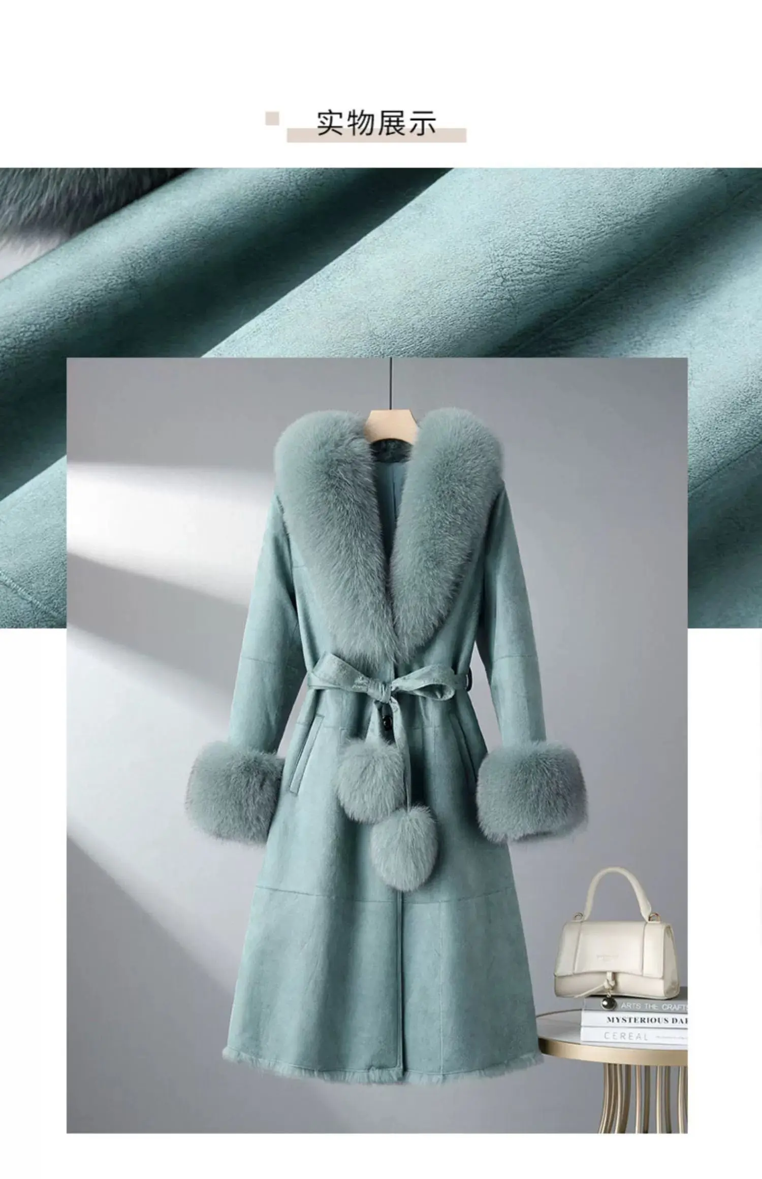 2023 New Rabbit Fur One Piece Coat for Women Mid length Fox Fur Collar Lace up Slim Fit Haining Fur Coat for Women