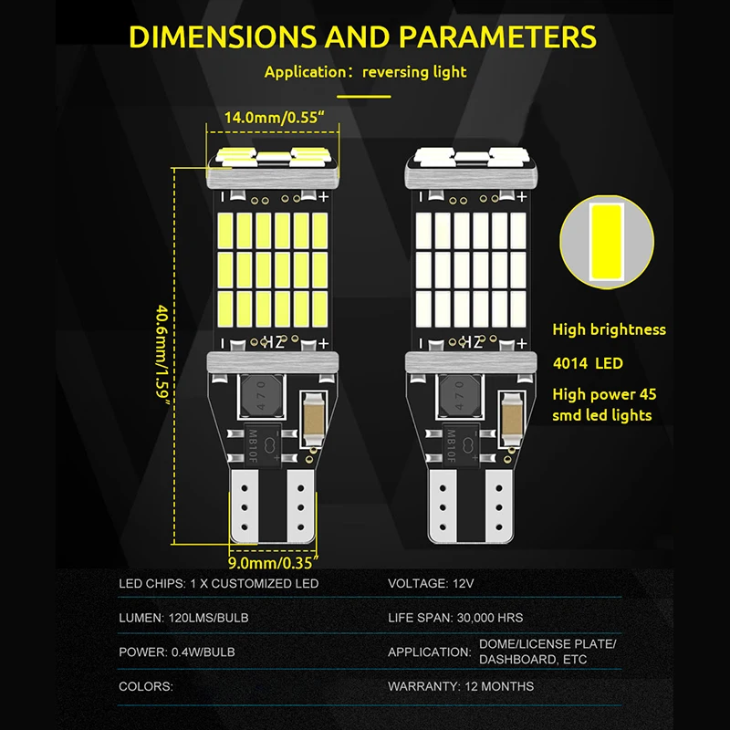 2xSignal Lamp T15 Led Super Bright W16W Led Bulbs  920 921 912 4014 45 chips Reverse Light For Reverse Lamp Backup Parking Light image 4