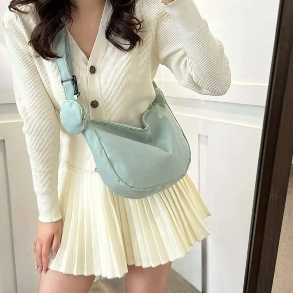 

Korean Style Lightweight Shoulder Bag Large Capacity Solid Color Canvas Bag with Coin Purse Cream Color Handbag
